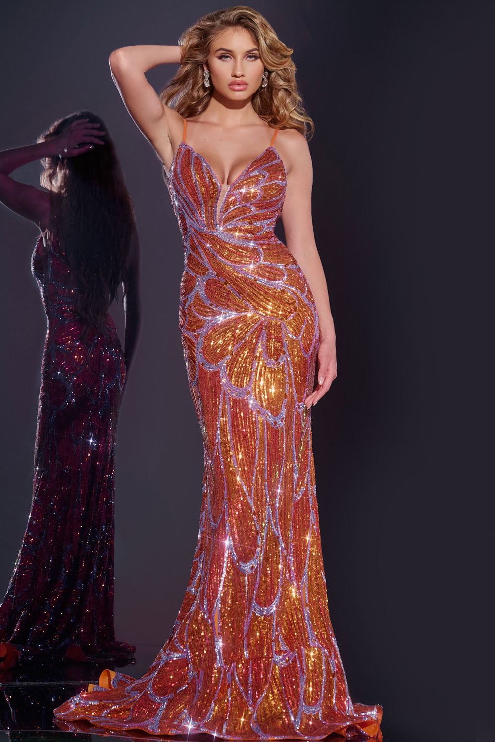 Jovani 42600 prom dress images. Jovani 42600 is available in these colors: Orange Lilac, Royal, Black Gold.