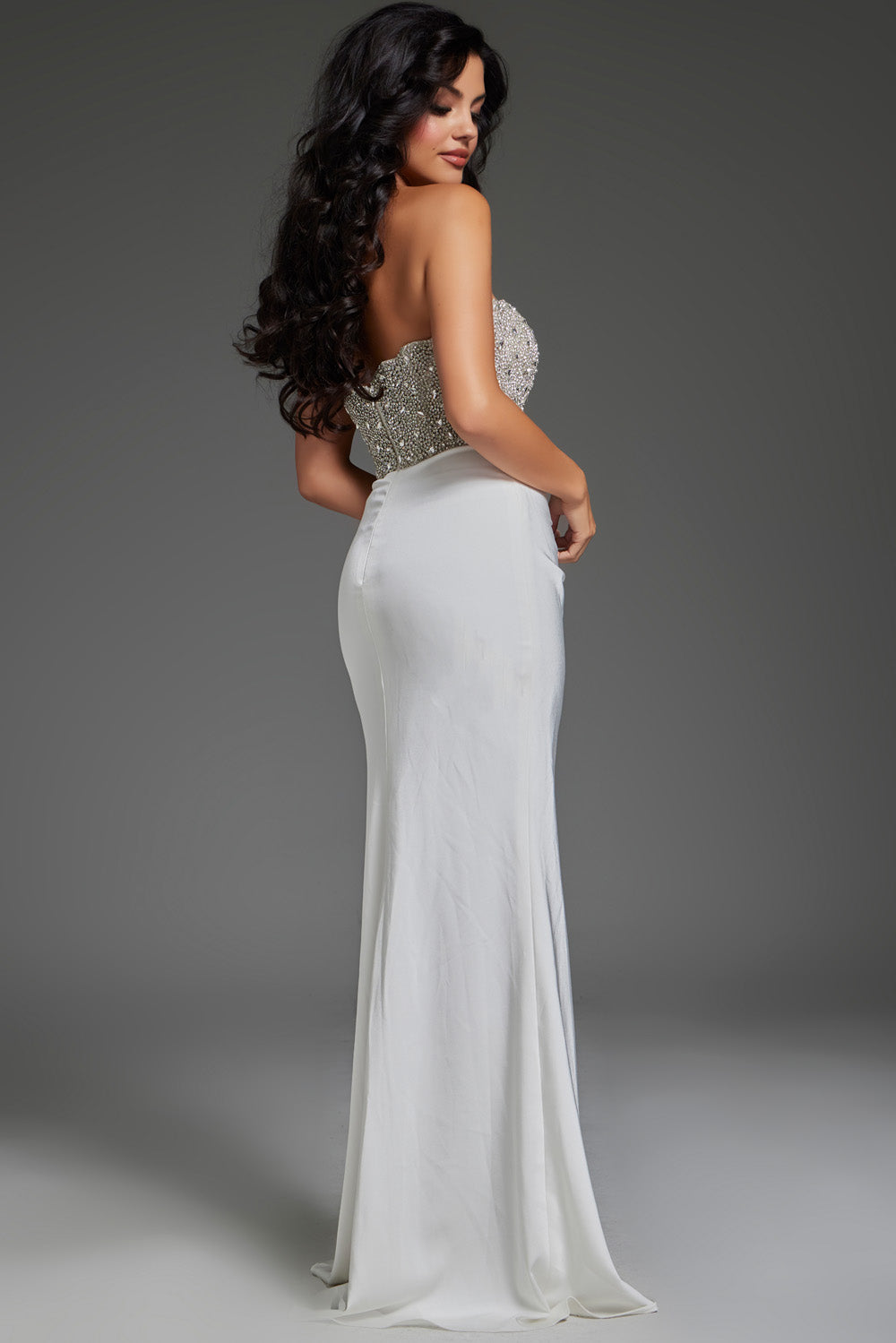 Jovani 42637 Off-white mermaid prom dress with beaded bodice and elegant back view.