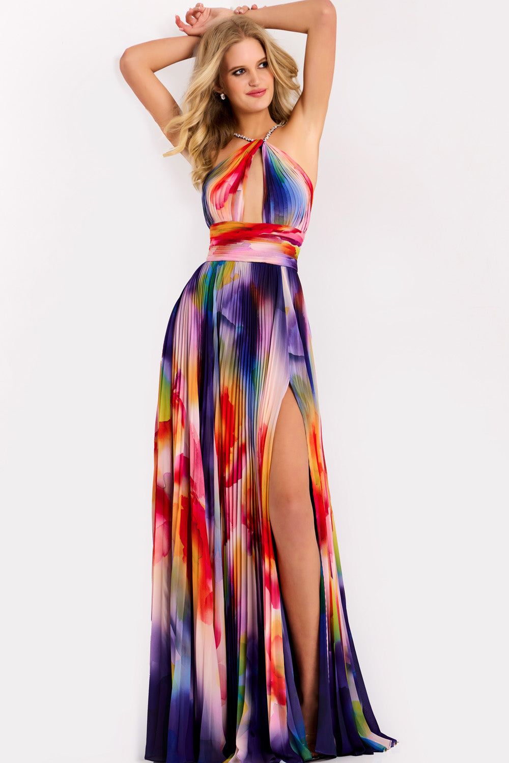 Jovani 42717 Multi-colored prom dress with a high slit and halter neckline.