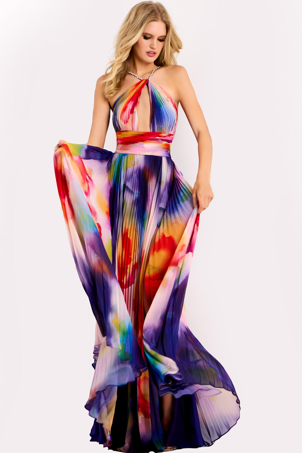 Jovani 42717 Multi-colored prom dress with a fitted bodice and flowing skirt, featuring a slit.