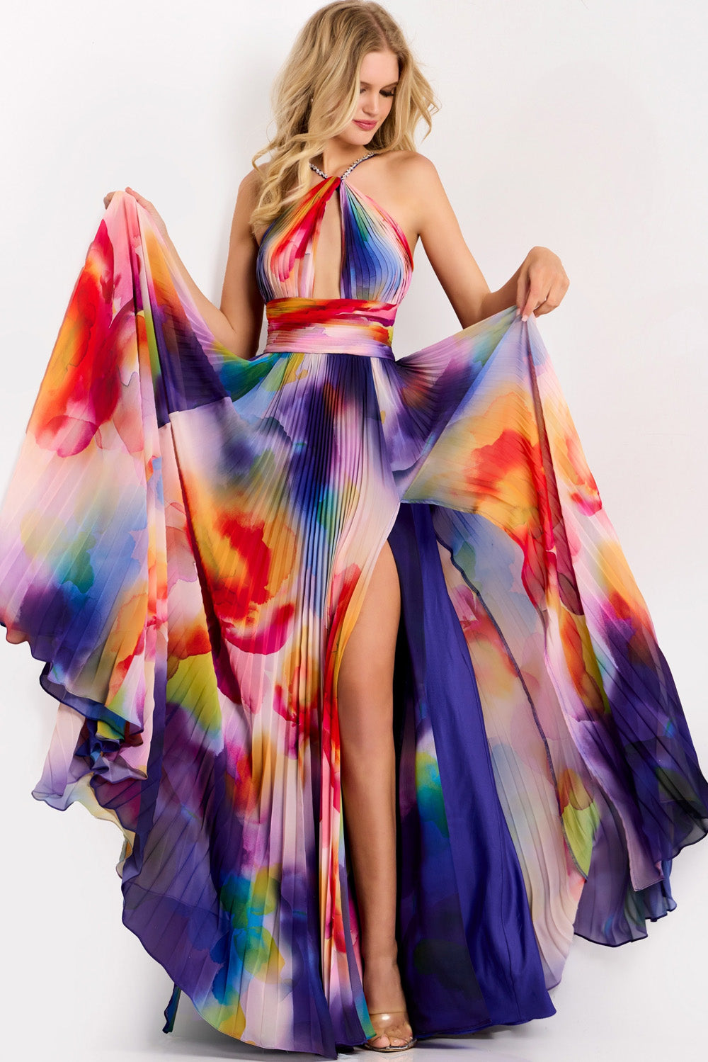 Jovani 42717 Multi-colored prom dress with a high slit and halter neckline, front view.