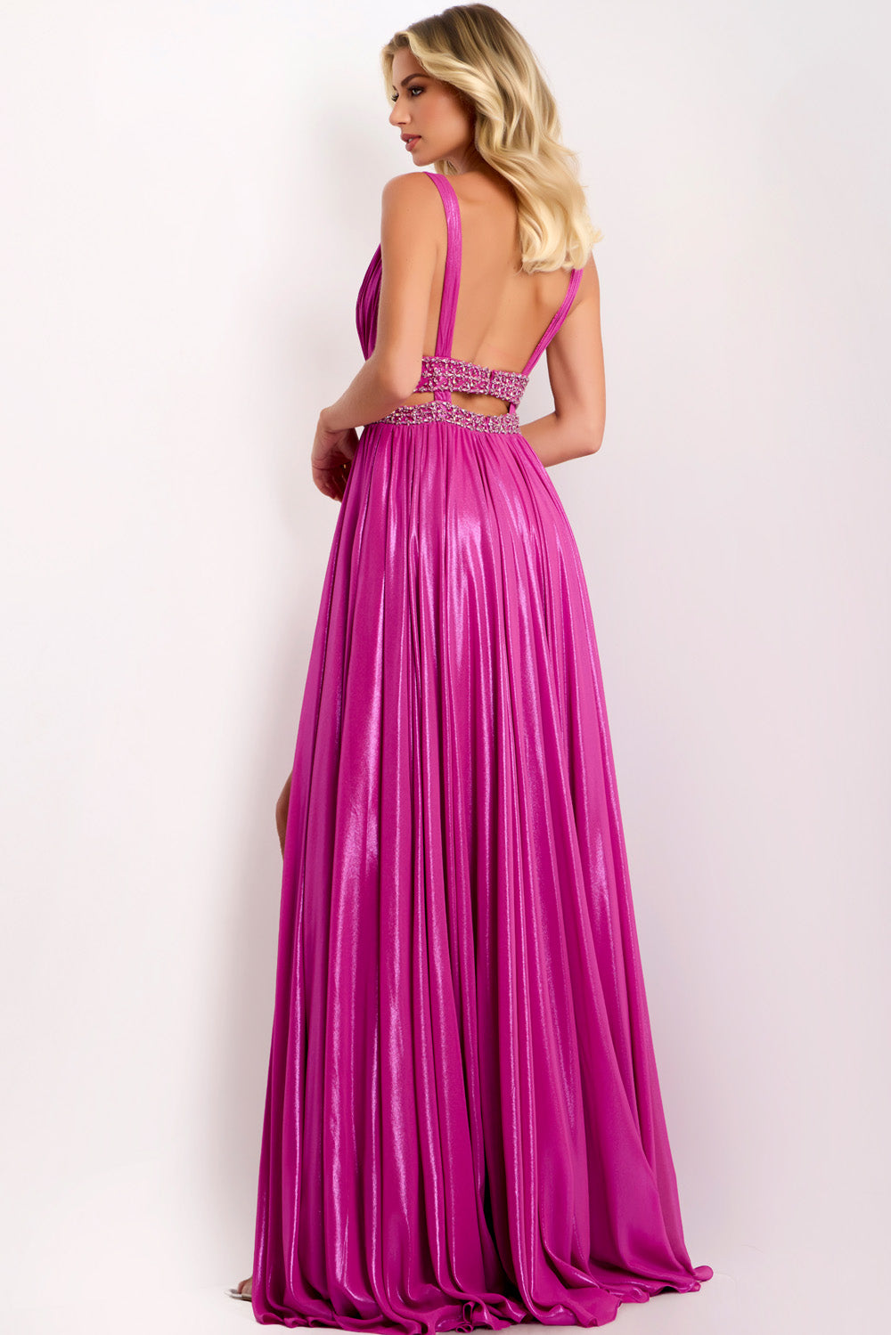 Jovani 42817 Fuchsia formal gown with a fitted silhouette and beaded lace-up back, back view.