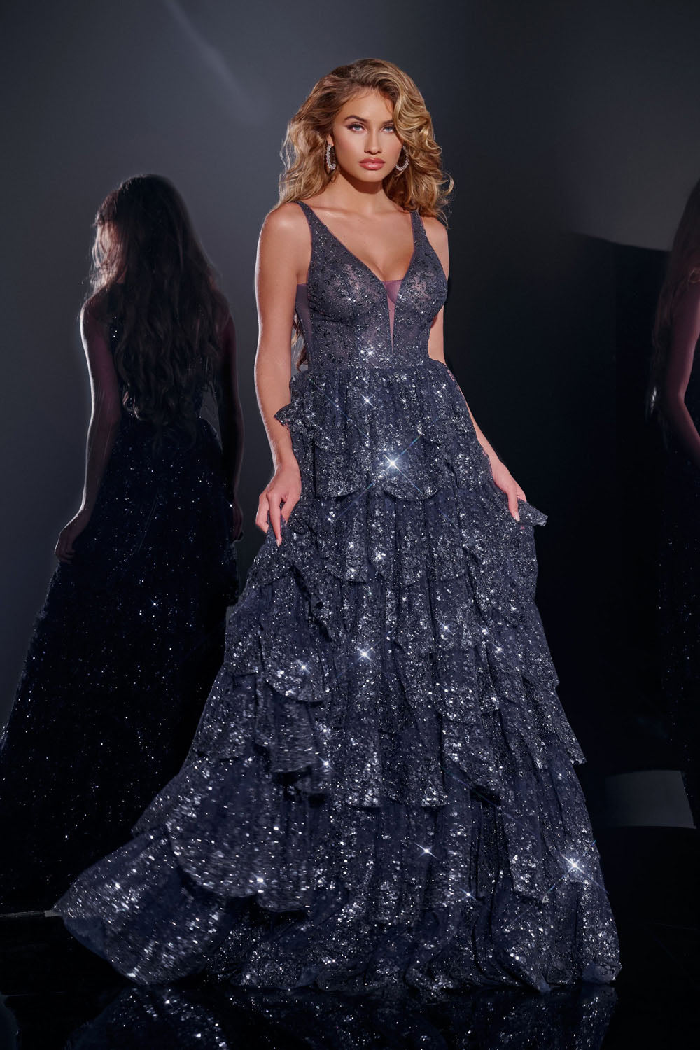 Jovani 43198 prom dress images. Jovani 43198 is available in these colors: Navy, Off White, Light Blue, Red.