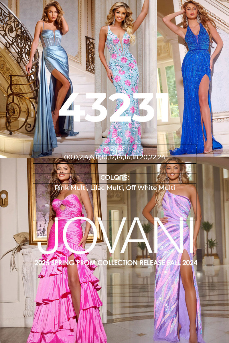 Jovani 43231 prom dress images.  Jovani 43231 is available in these colors: Pink Multi, Lilac Multi, Off White Multi.