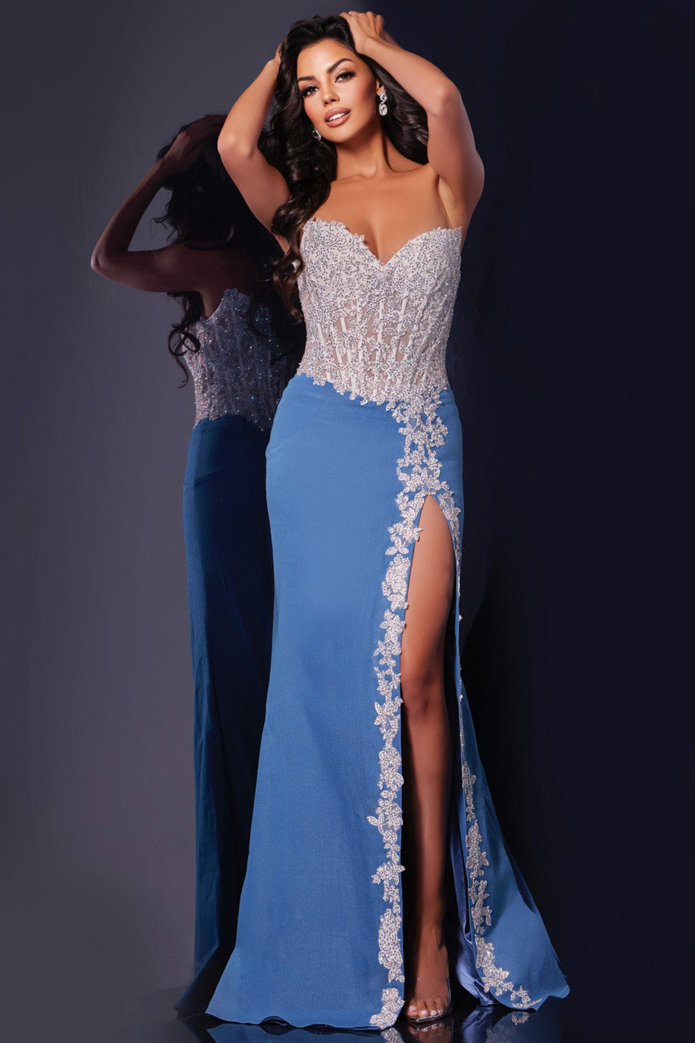 Jovani 43341 Off white denim mermaid prom dress with a thigh-high slit and beaded bodice.