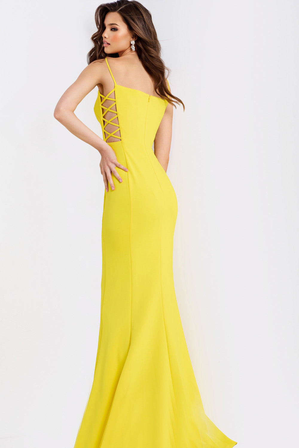 Jovani 43404 Yellow fitted prom dress with a lace-up back and mermaid silhouette.