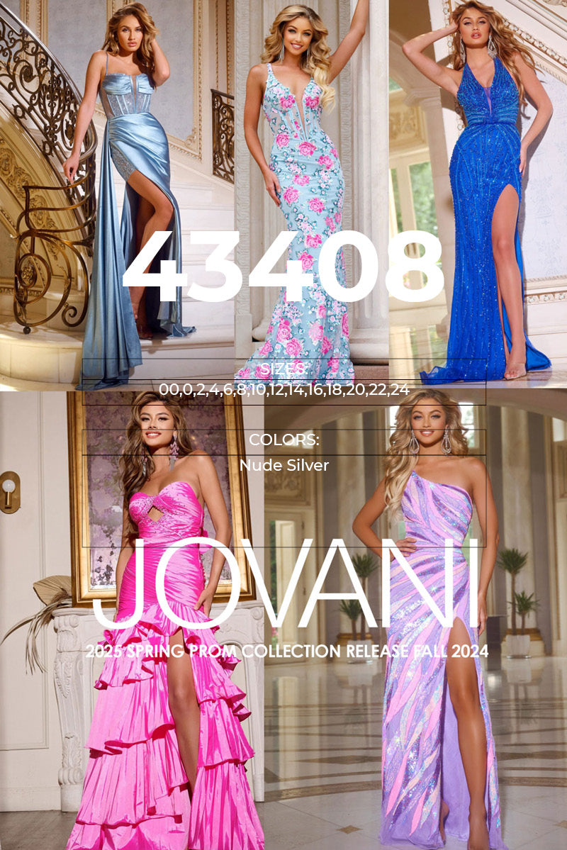 Jovani 43408 prom dress images.  Jovani 43408 is available in these colors: Nude Silver.