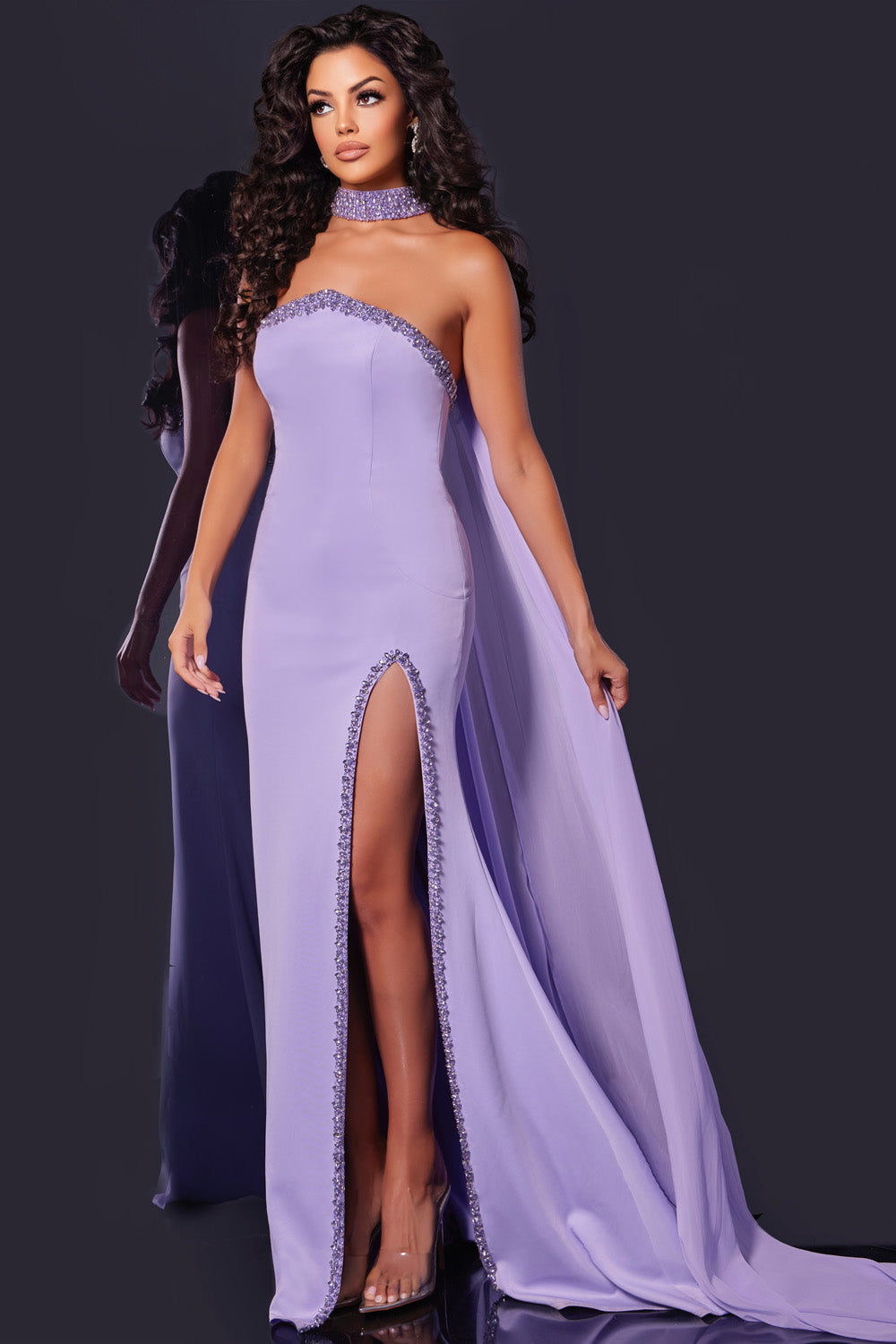 Jovani 43658 Lilac mermaid prom dress with a thigh-high slit and beaded neckline detail.