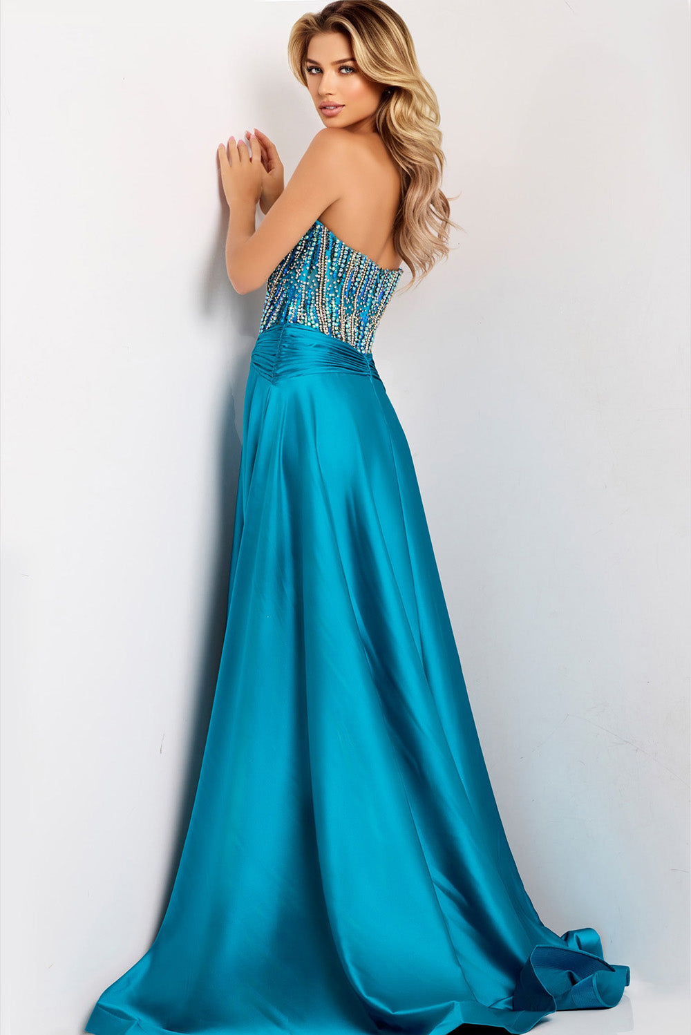 Jovani 43729 Strapless peacock prom dress with beaded bodice and flowing A-line skirt.