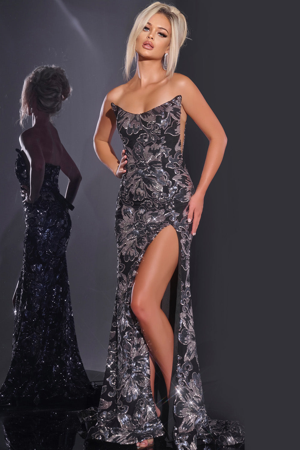 Jovani 44116 Black mermaid prom dress with sequins and a thigh-high slit, front view.