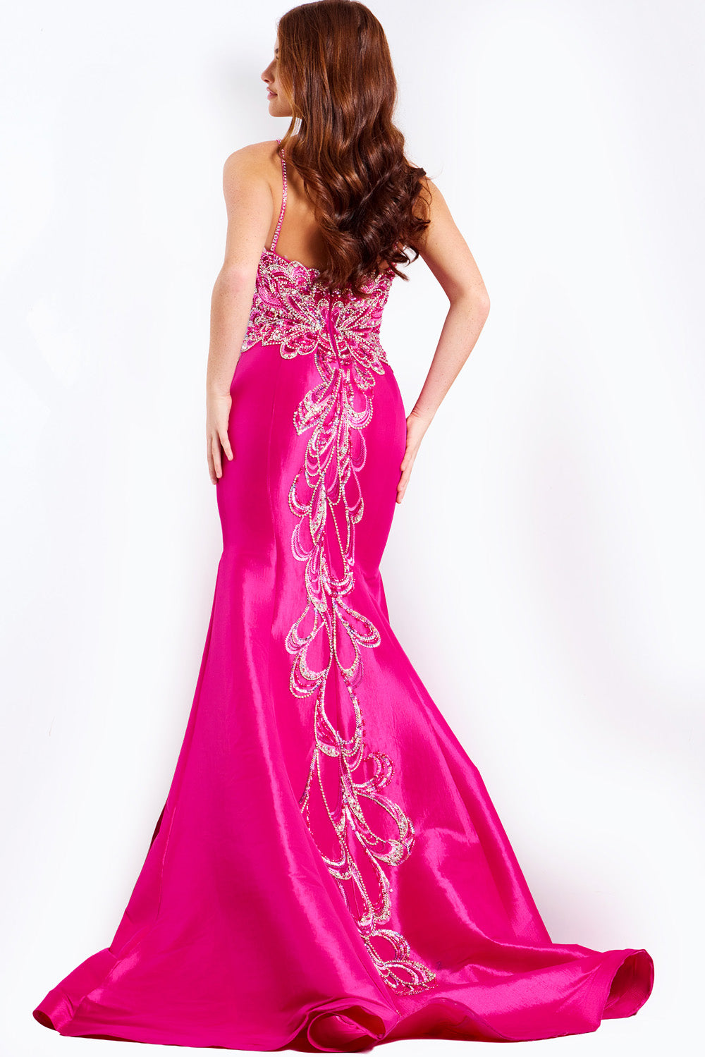 Jovani 44239 Hot pink mermaid prom dress with intricate beading, back view.