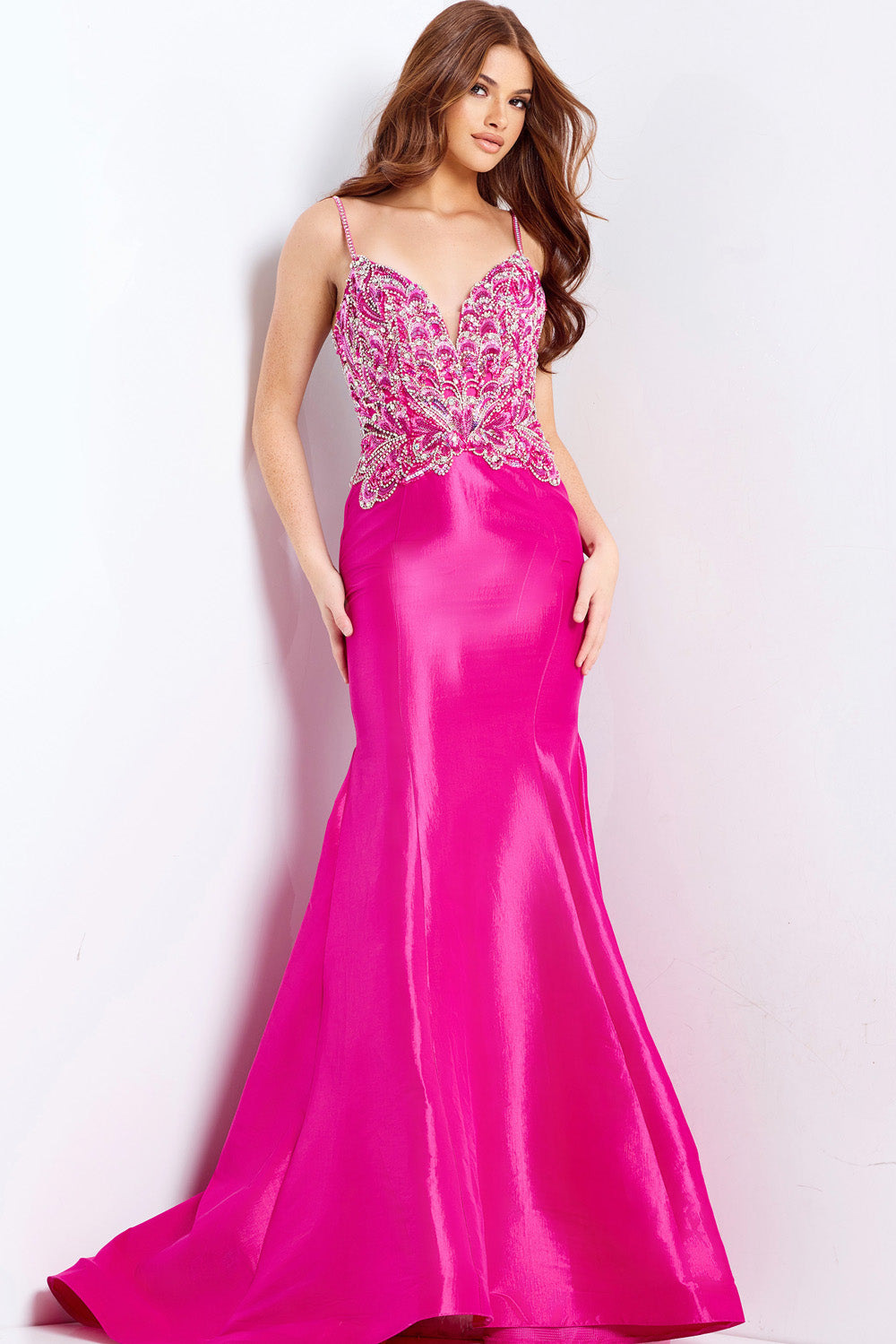 Jovani 44239 Hot pink mermaid prom dress with intricate beading, front view.