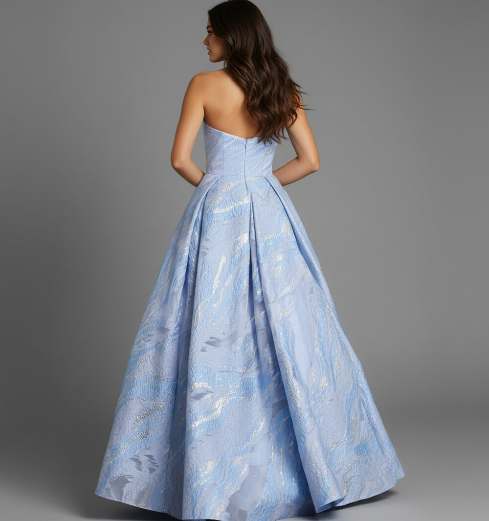 Jovani 44369 Blue A-line prom dress with a stunning back view and elegant pleated design.