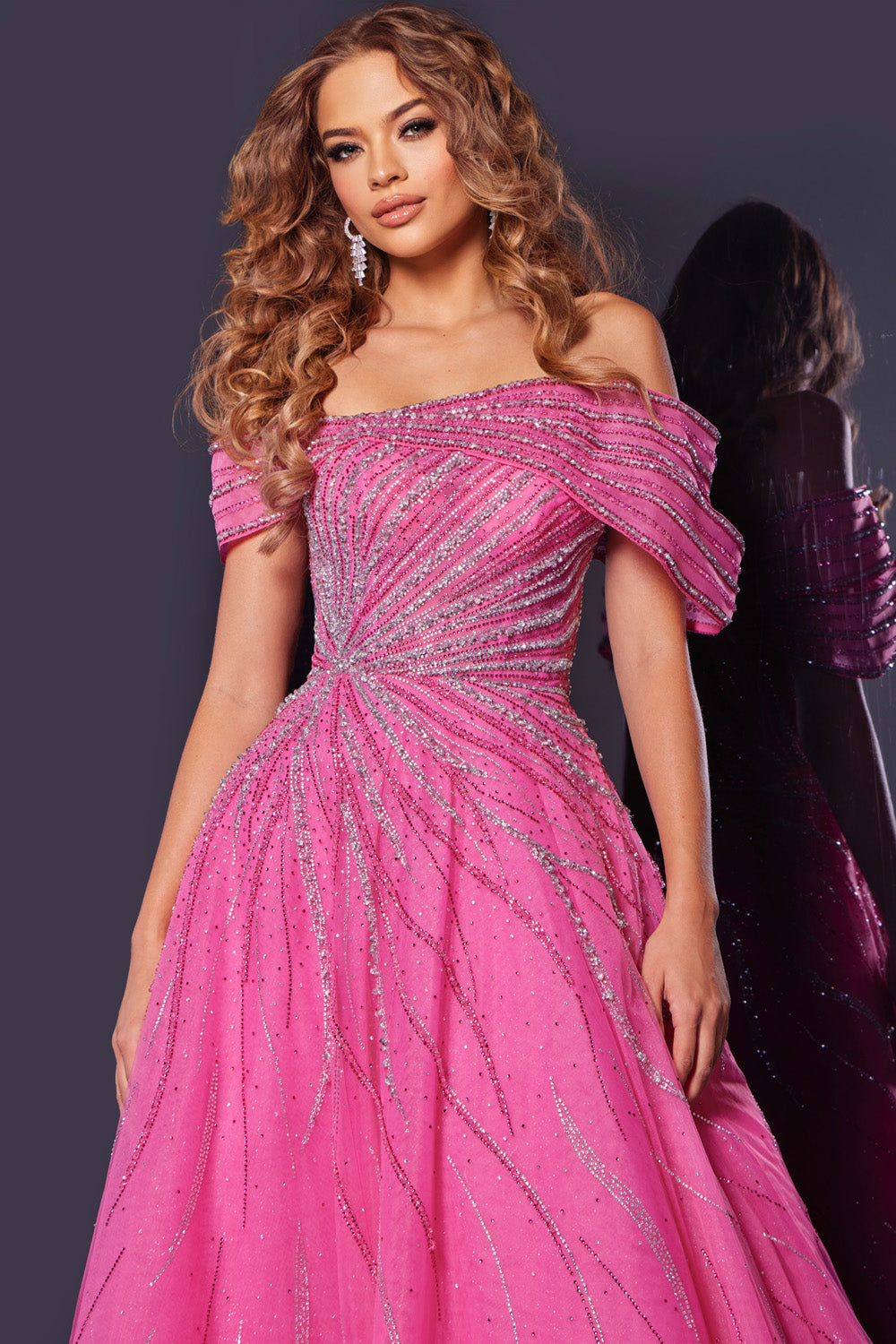 Jovani 45067 Fuchsia off-the-shoulder prom dress with sparkling beading, front view.