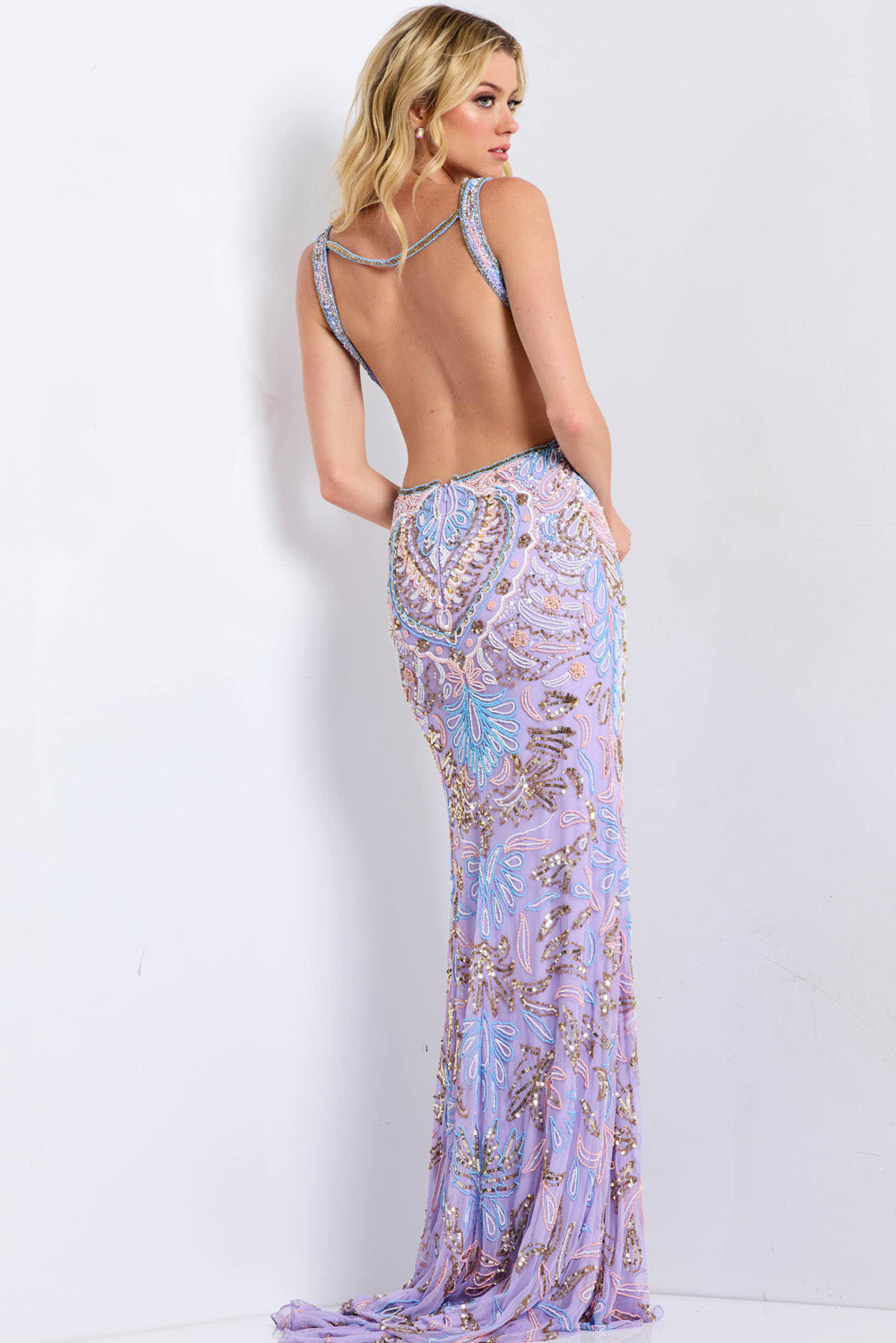 Jovani 45533 Lilac mermaid prom dress with intricate beading and a stunning open back view.