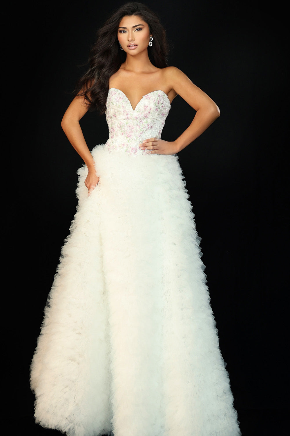 Jovani 45636 White ballgown prom dress with floral beading and a voluminous skirt.