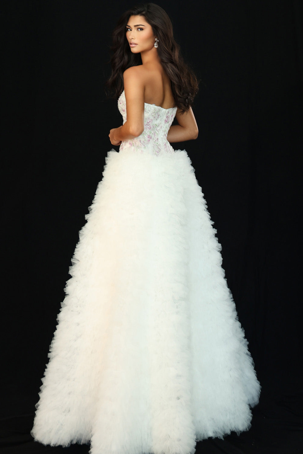Jovani 45636 White ballgown with layered tulle and intricate beading, back view prom dress.