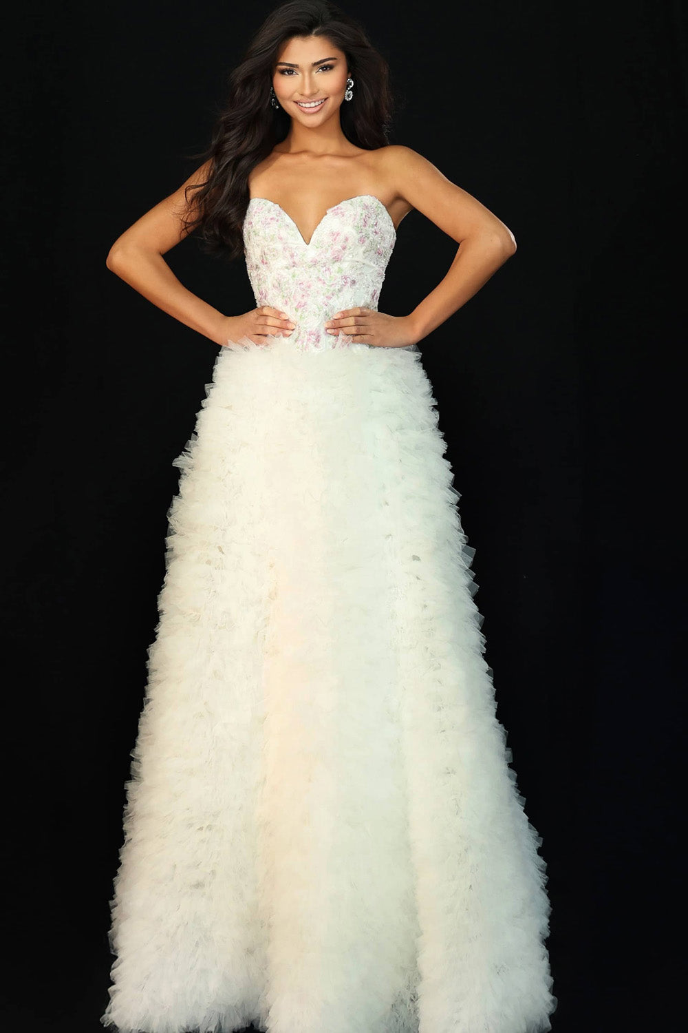 Jovani 45636 White ballgown prom dress with floral bodice and layered tulle skirt.