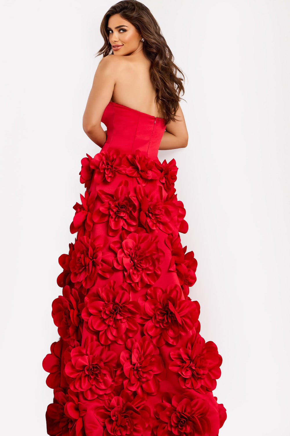 Jovani 45661 Red strapless prom dress with floral embellishments and a fitted silhouette.