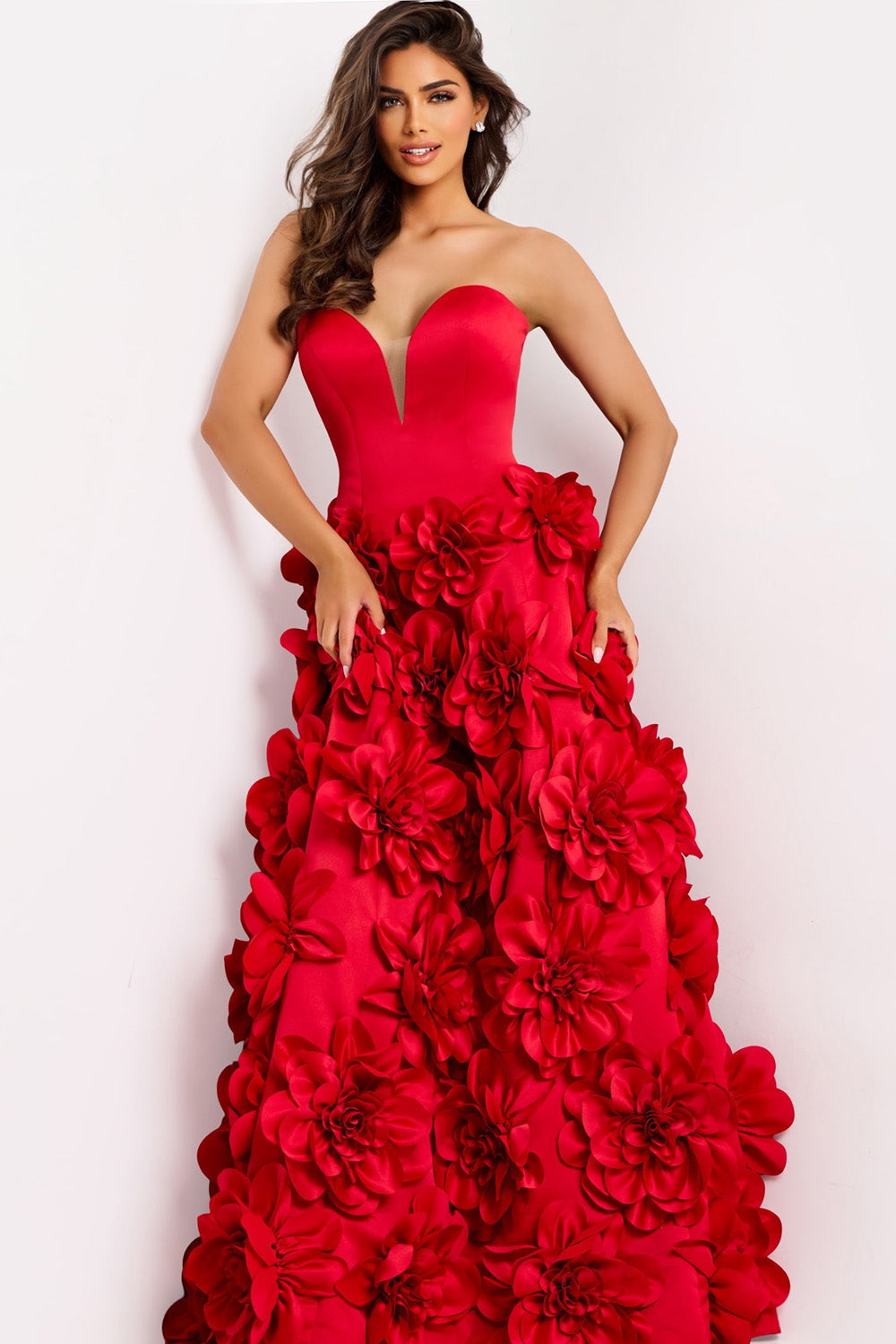 Jovani 45661 Red ballgown prom dress with floral embellishments and a sweetheart neckline.