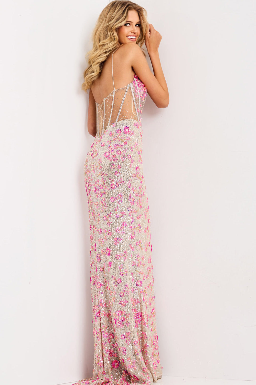 Jovani 45774 Silver and fuchsia mermaid prom dress with sequins, back view.