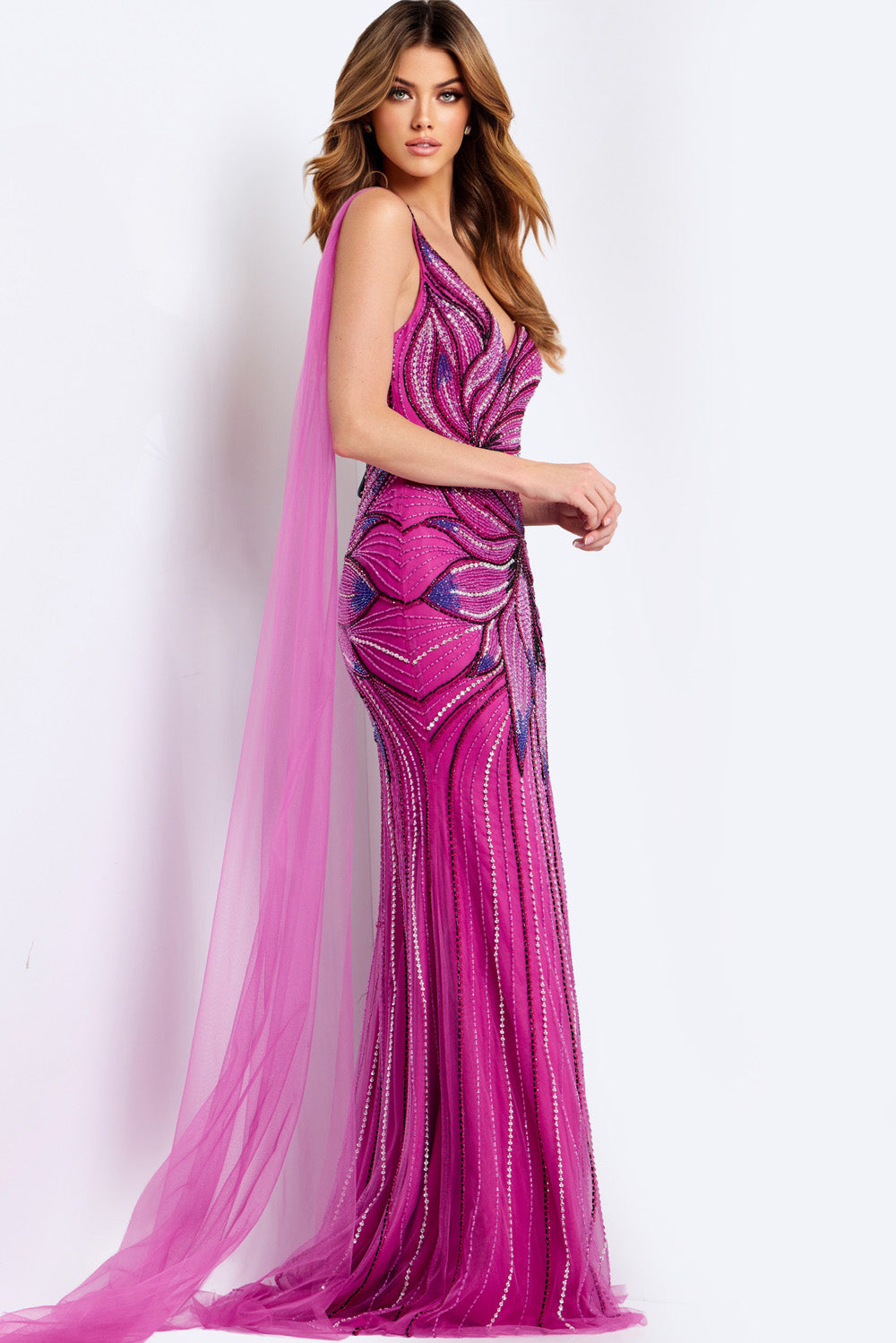 Jovani 45876 Fitted pink prom dress with sequins and a flowing cape, side view.