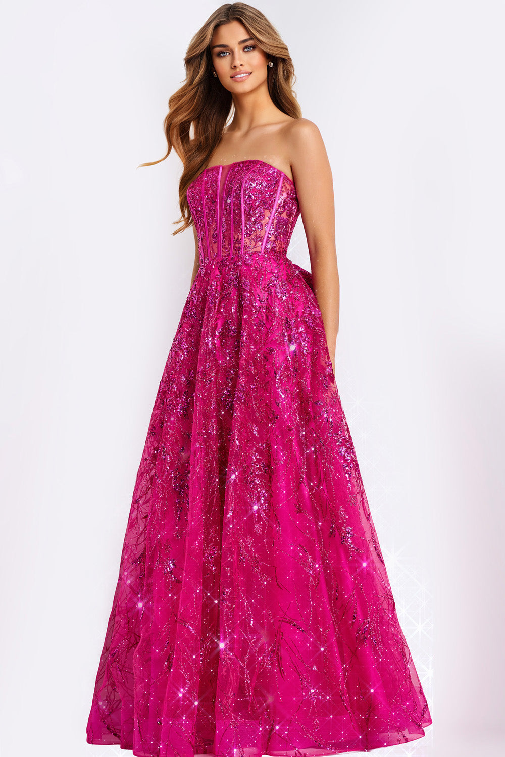 Jovani 45913 Strapless raspberry prom dress with sequins and a flowing A-line silhouette.