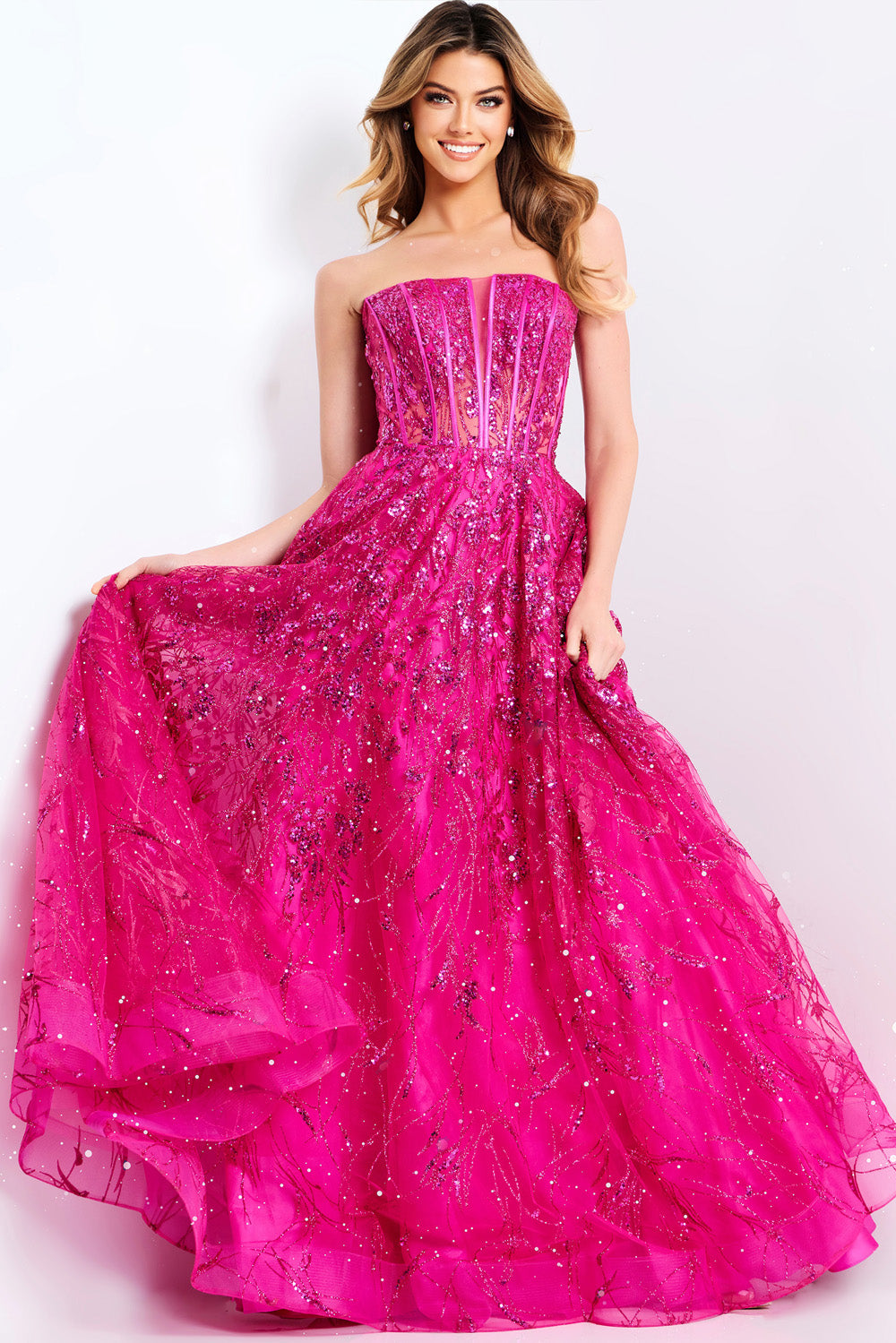 Jovani 45913 Strapless raspberry prom dress with sequins and a flowing ballgown silhouette.