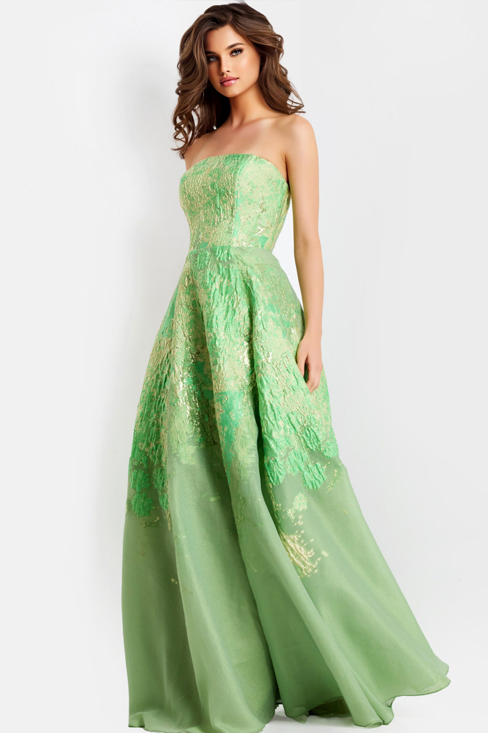 Jovani 46260 Light green A-line prom dress with intricate lace detailing and strapless neckline.
