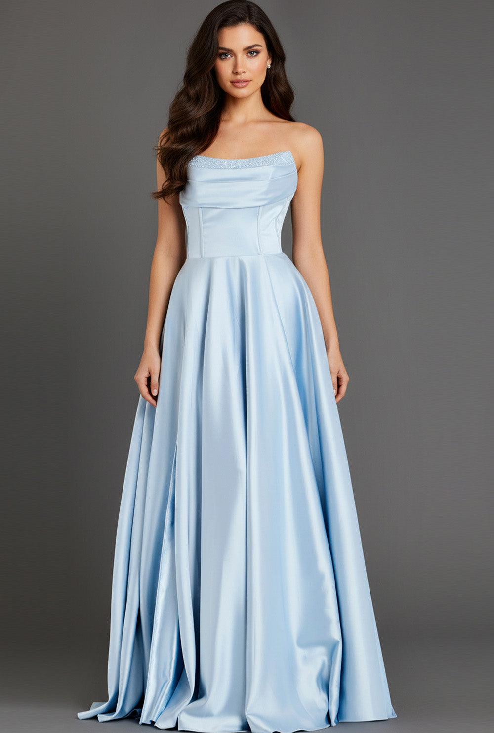 Jovani 46483 Light blue A-line prom dress with a stunning beaded neckline and side slit.