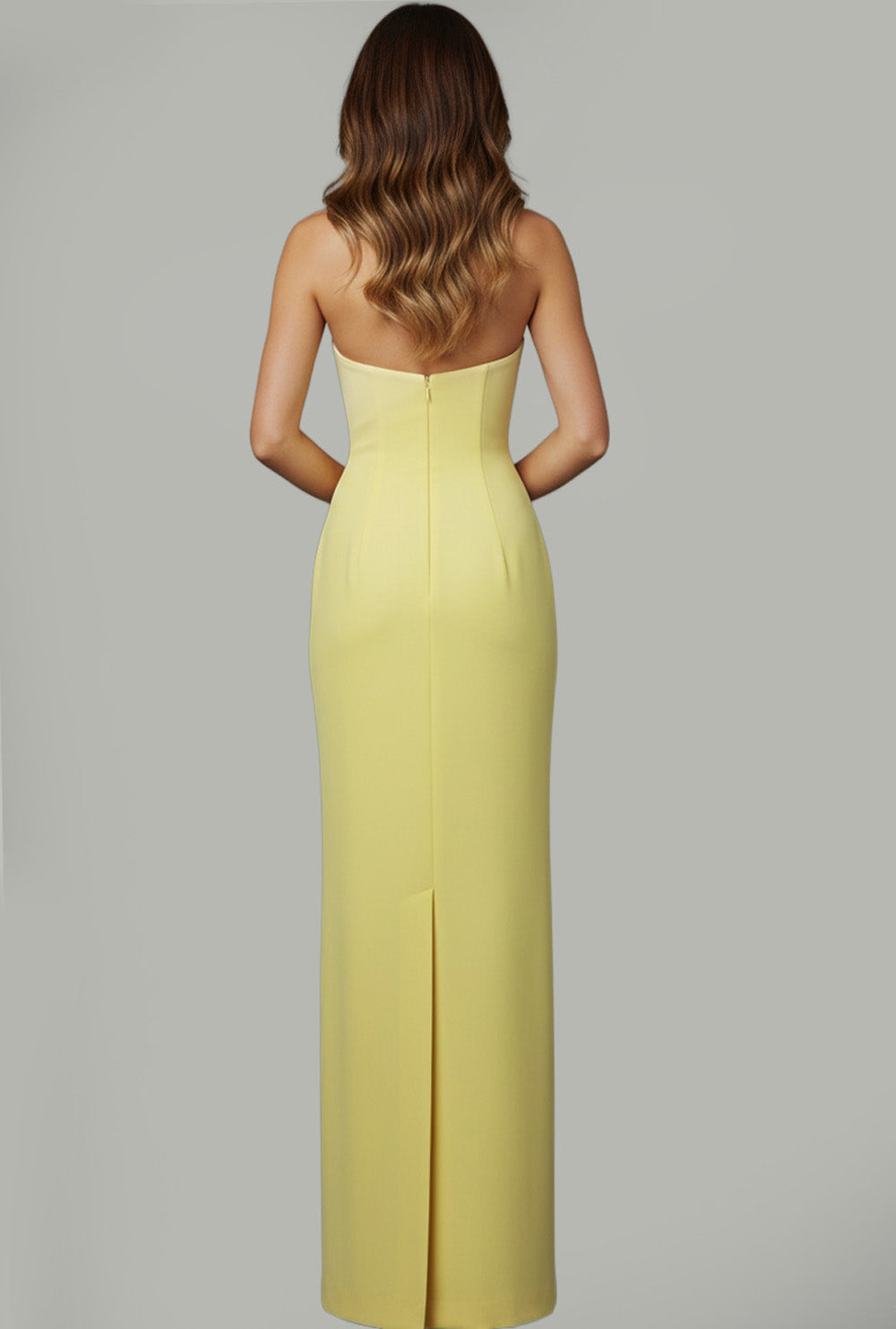 Jovani 46884 Yellow fitted prom dress with a back zipper and elegant slit detail.