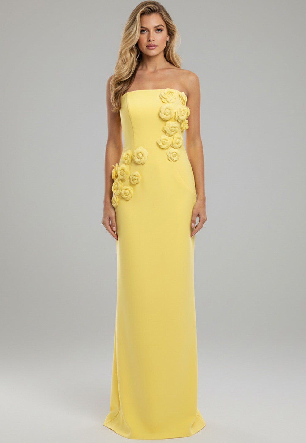 Jovani 46884 Strapless yellow prom dress with floral appliqués and a fitted silhouette.