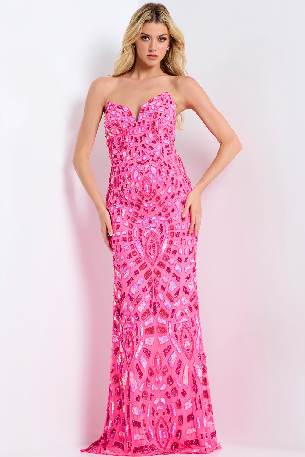 Jovani 46938 Fuchsia mermaid prom dress with intricate beading, front view.