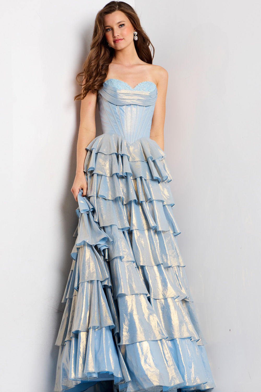 Jovani 47030 Light blue formal gown with a tiered skirt and sweetheart neckline.