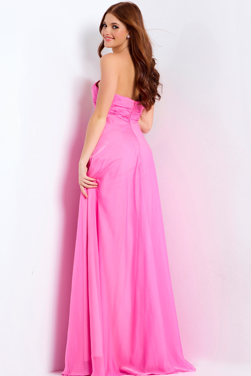 Jovani 47041 Hot pink A-line prom dress with a ruched bodice and back view.