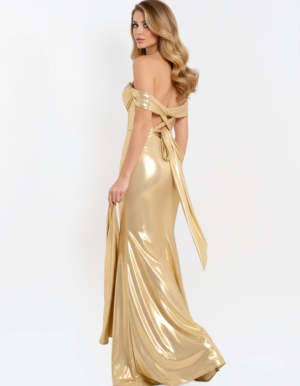 Jovani 47062 Gold mermaid prom dress with a lace-up back and elegant off-shoulder design.