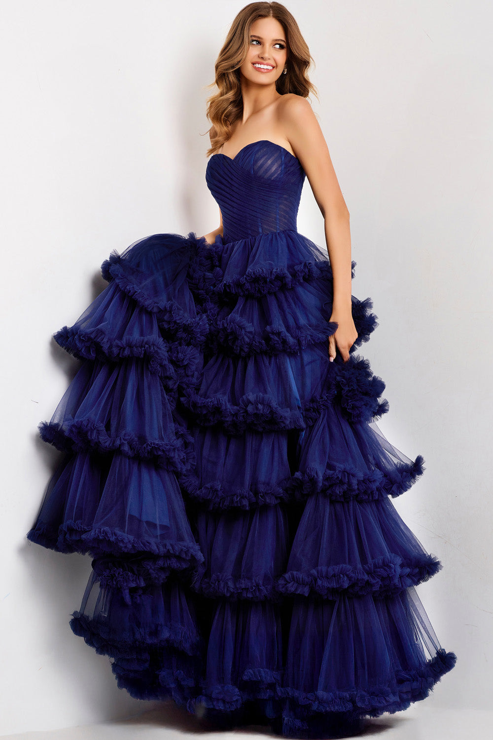 Jovani 47139 Navy ballgown prom dress with layered ruffles and a sweetheart neckline.