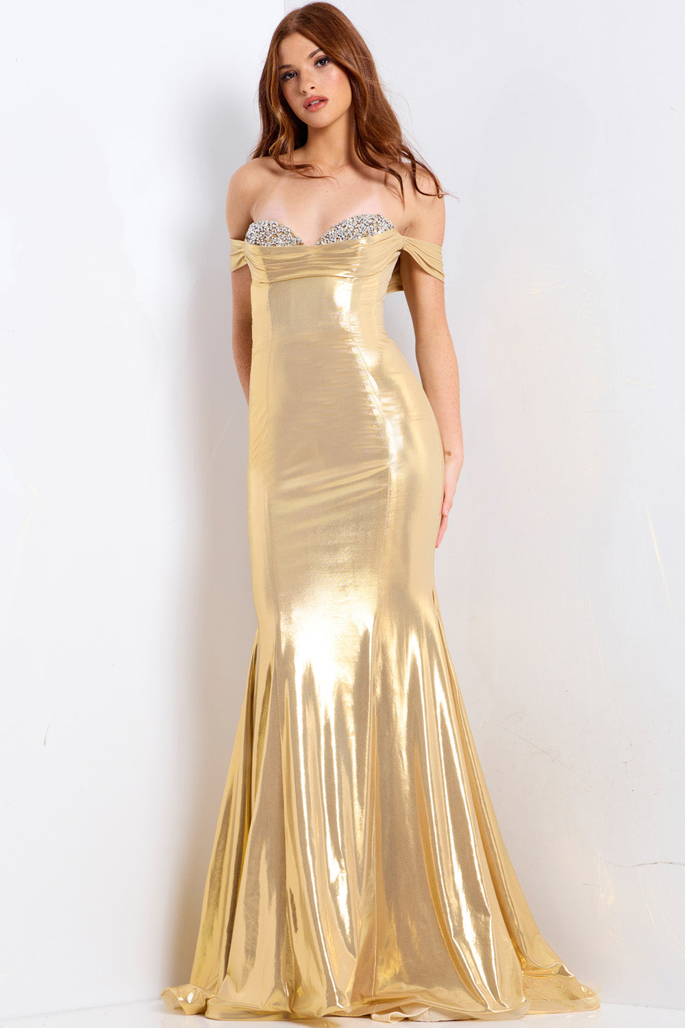 Jovani 47153 Gold mermaid prom dress with sparkling beaded sweetheart neckline, front view.