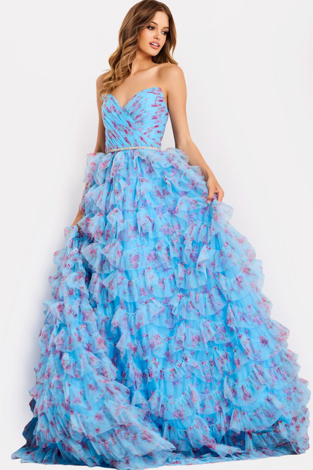 Jovani 47267 Blue multi prom dress with ruffled layers and a sweetheart neckline.