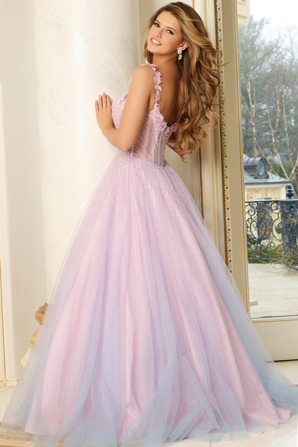 Jovani 47305 Lilac blue ballgown with beaded bodice and lace-up back, back view prom dress.