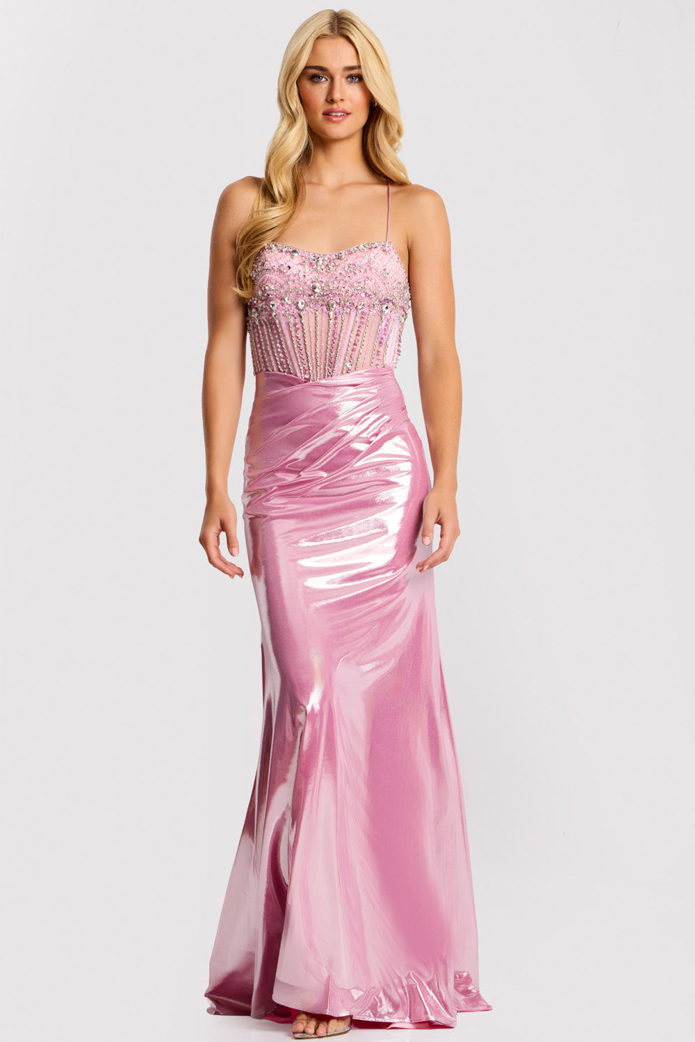 Jovani 47325 Pink mermaid prom dress with beaded bodice and sleek, shiny skirt.