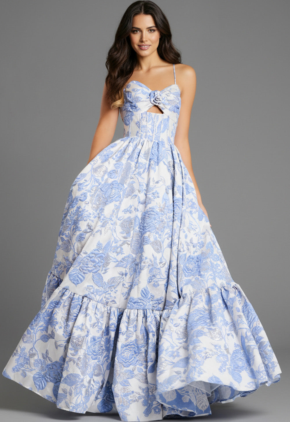 Jovani 47328 Light blue floral A-line prom dress with a sweetheart neckline and ruffled hem.