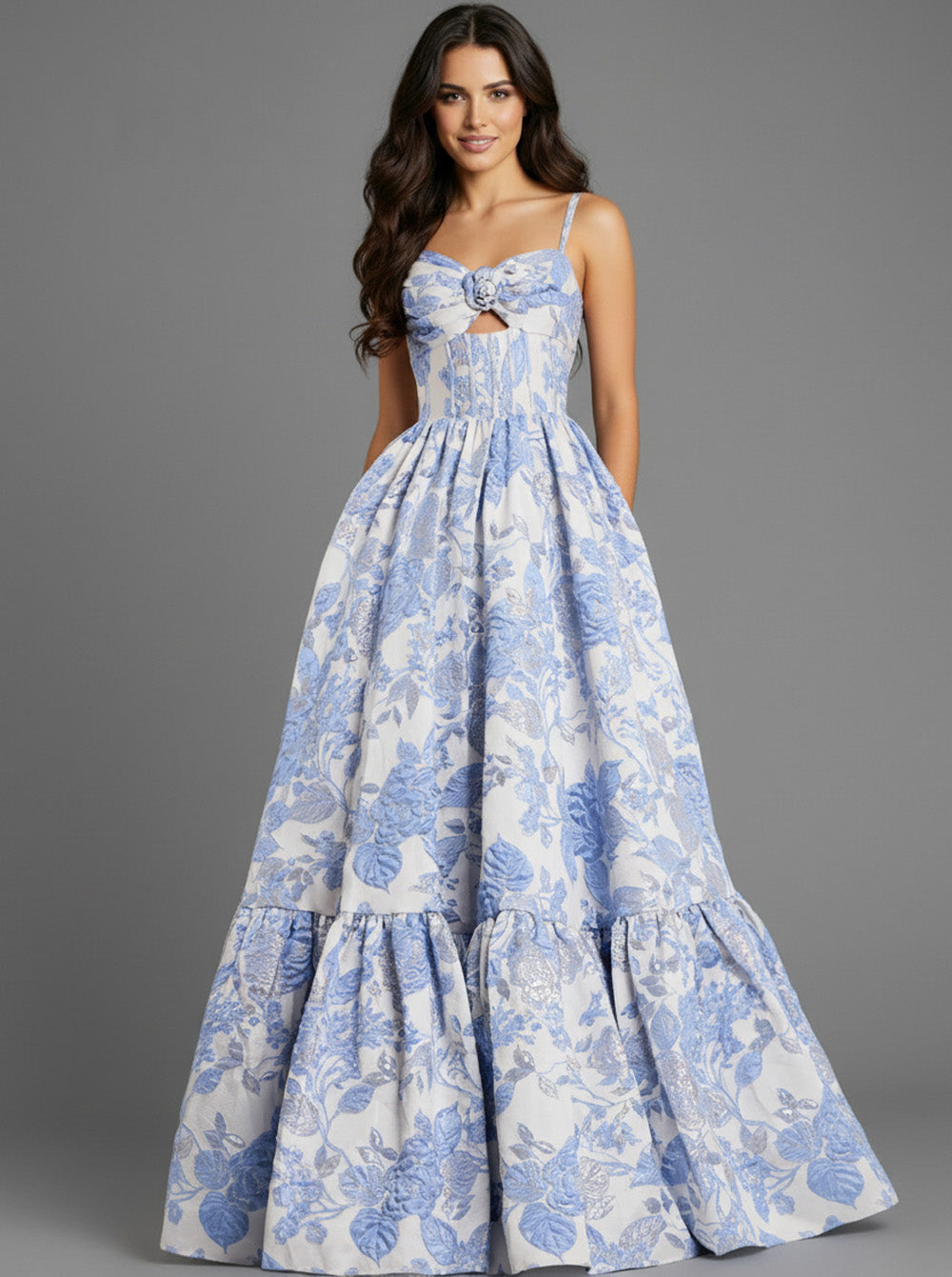 Jovani 47328 Light blue floral A-line prom dress with a sweetheart neckline and ruffled hem.