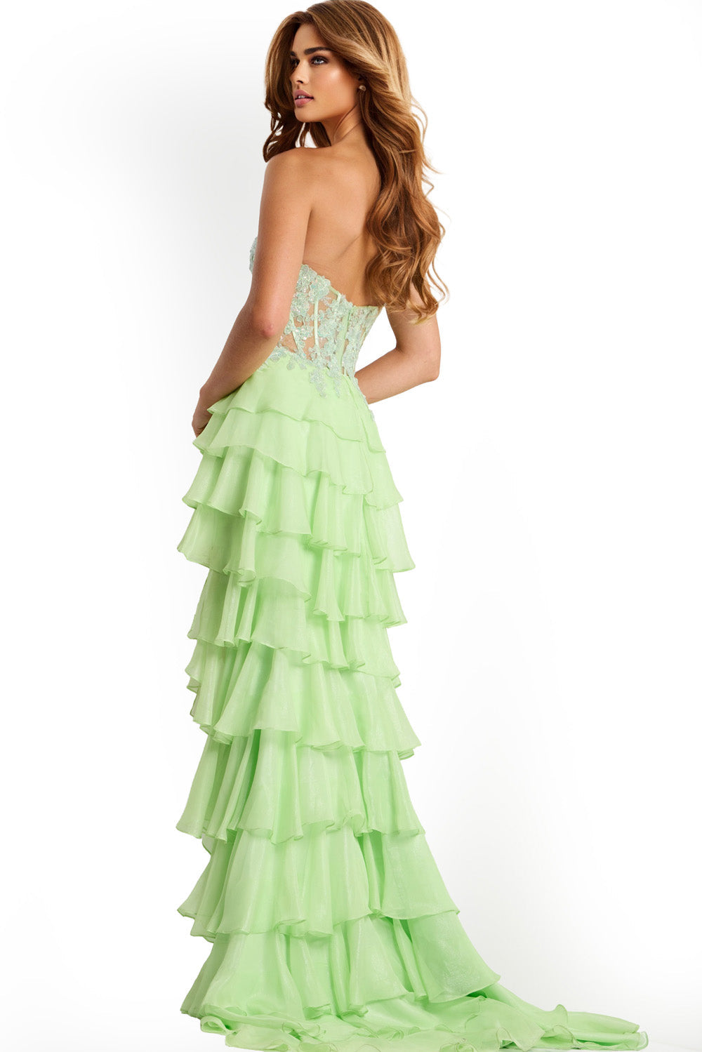 Jovani 47422 Light green tiered formal gown with a lace-up back, back view.