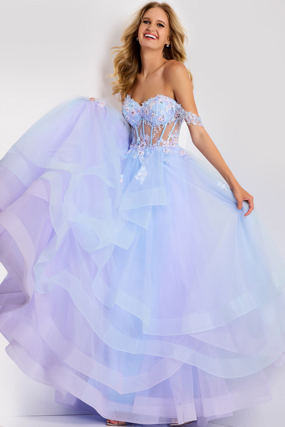 Jovani 47427 Lilac ballgown prom dress with floral embellishments and layered tulle skirt.