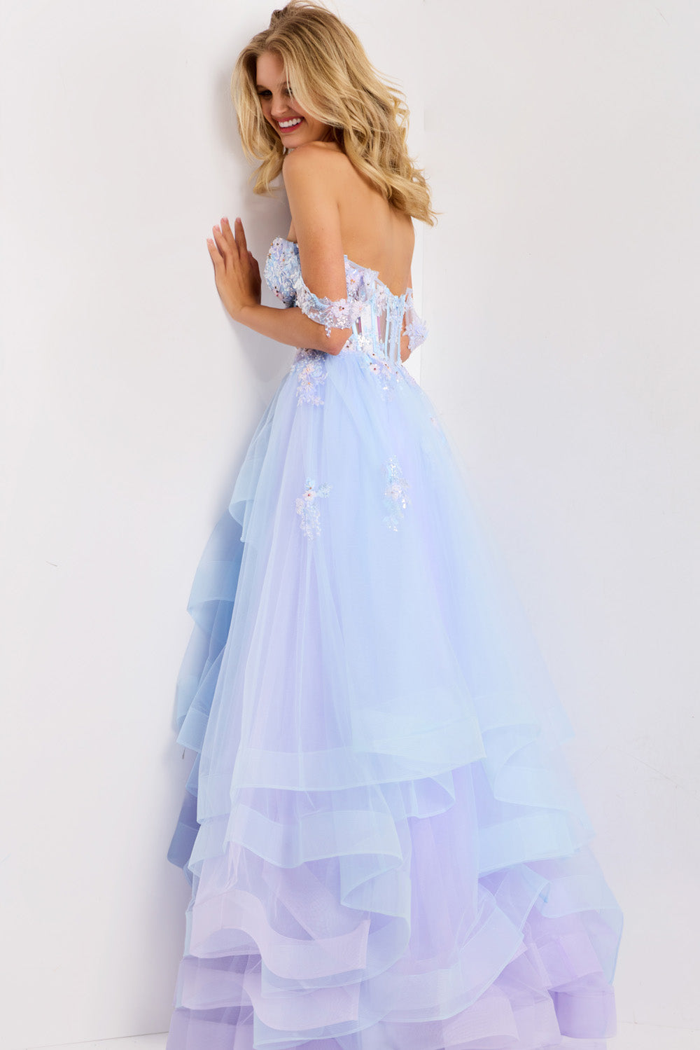 Jovani 47427 Lilac A-line prom dress with floral details and a lace-up back, back view.