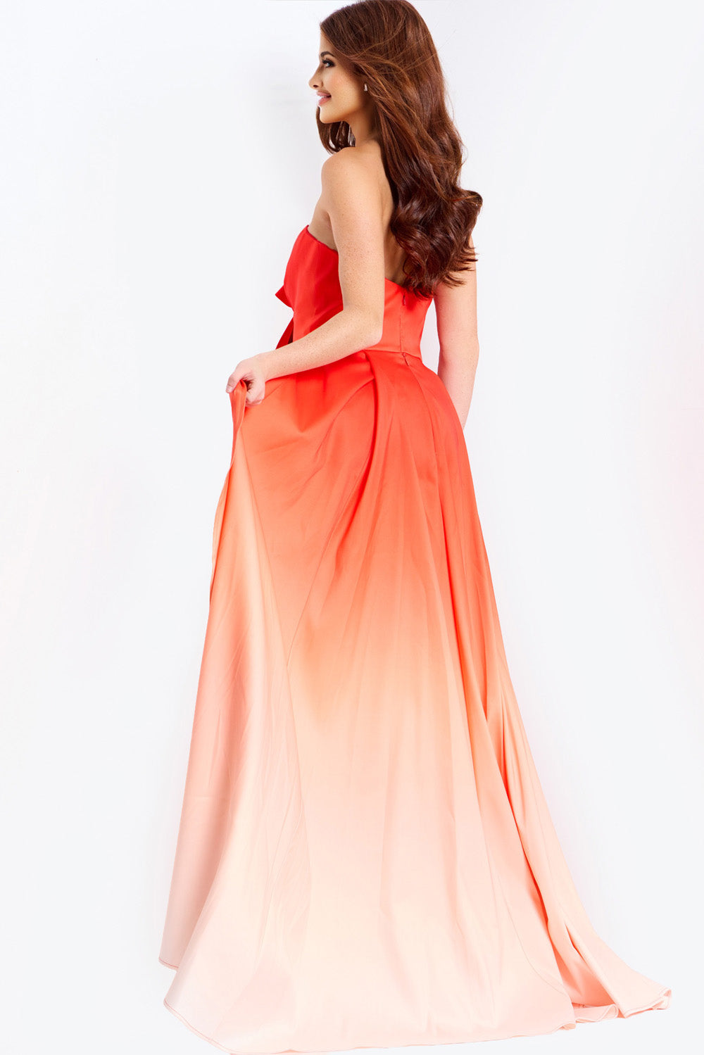 Jovani 47554 Lilac and orange ombre formal gown with a fitted silhouette and back view.