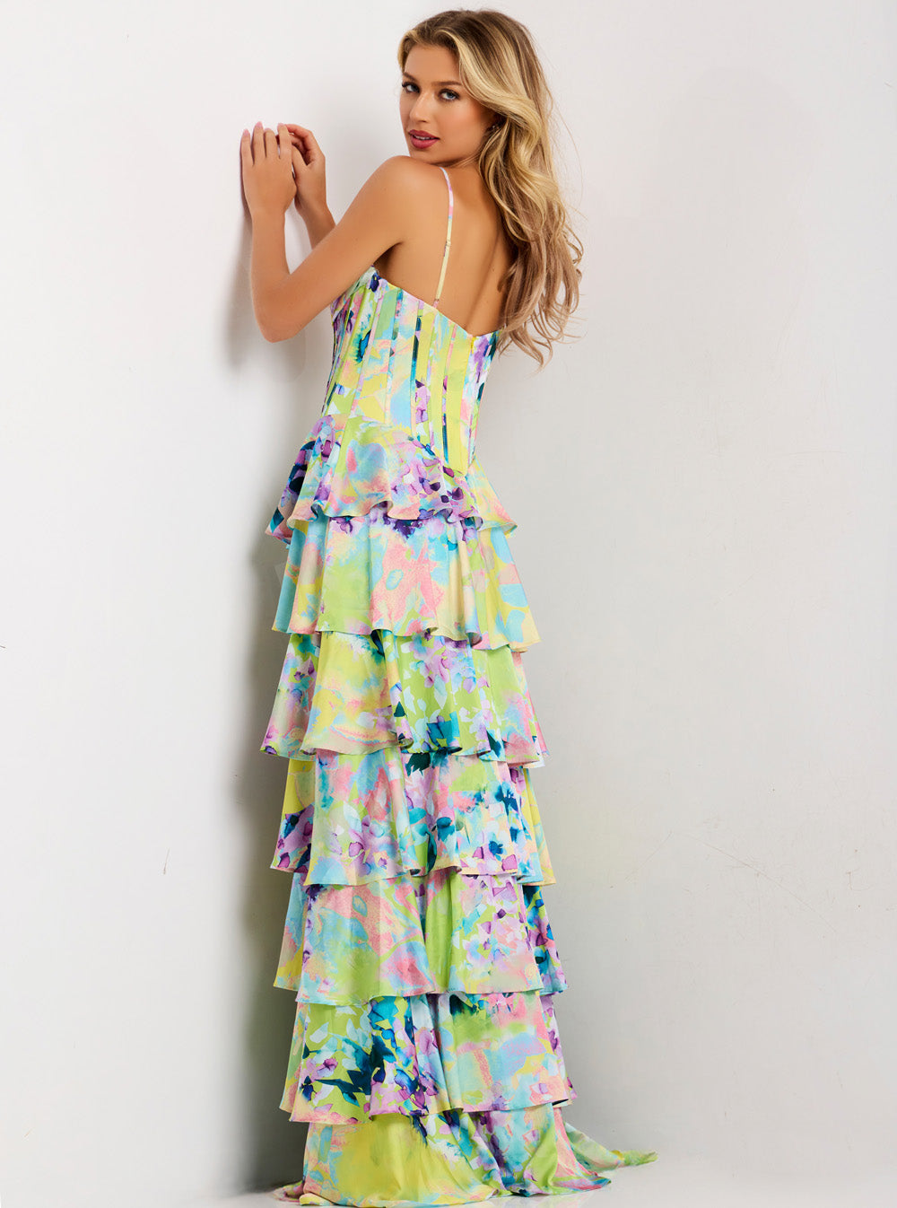 Jovani 47560 Colorful tiered prom dress with a fitted bodice and open back view.