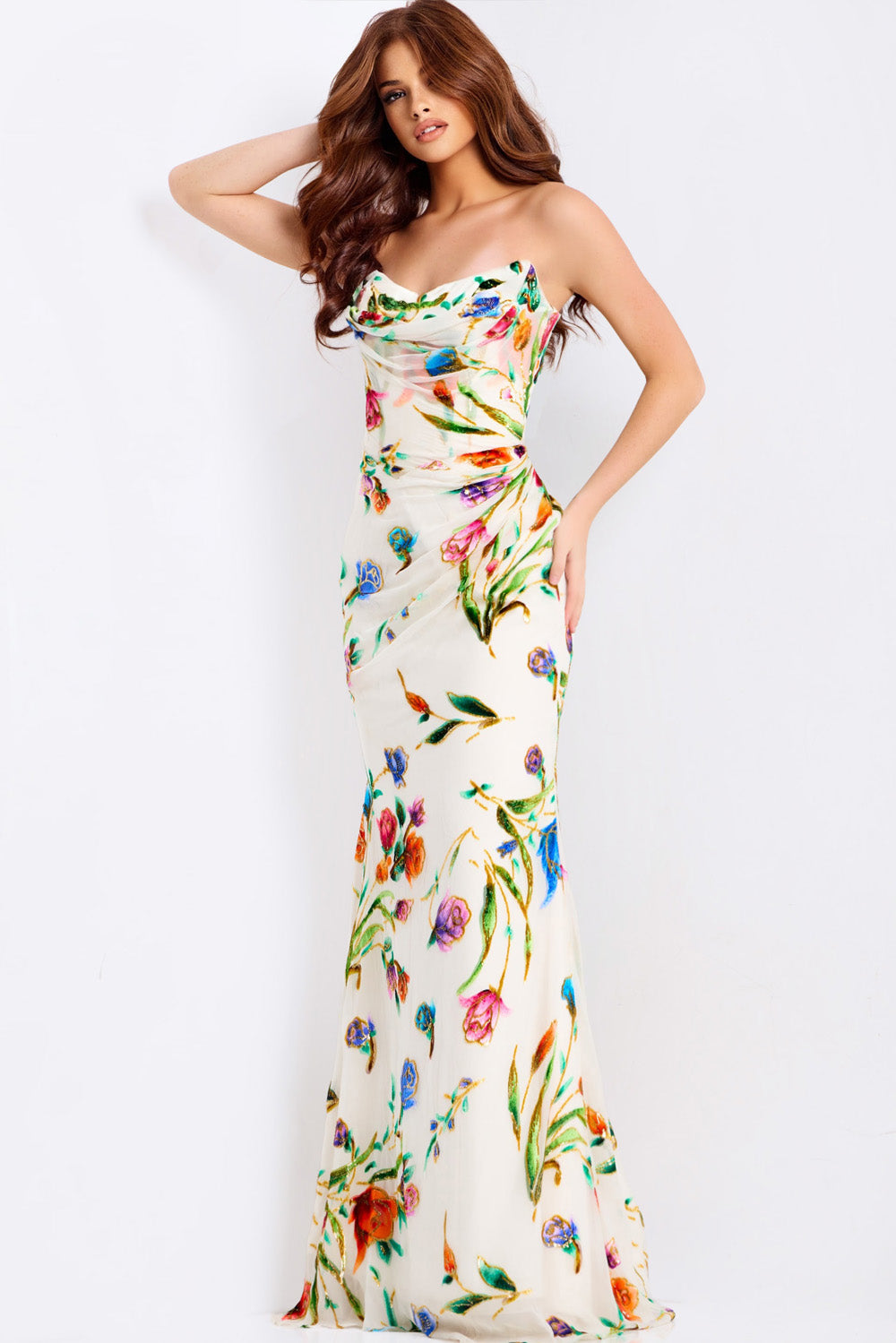 Jovani 47626 Ivory multi mermaid prom dress with floral print and a side slit.