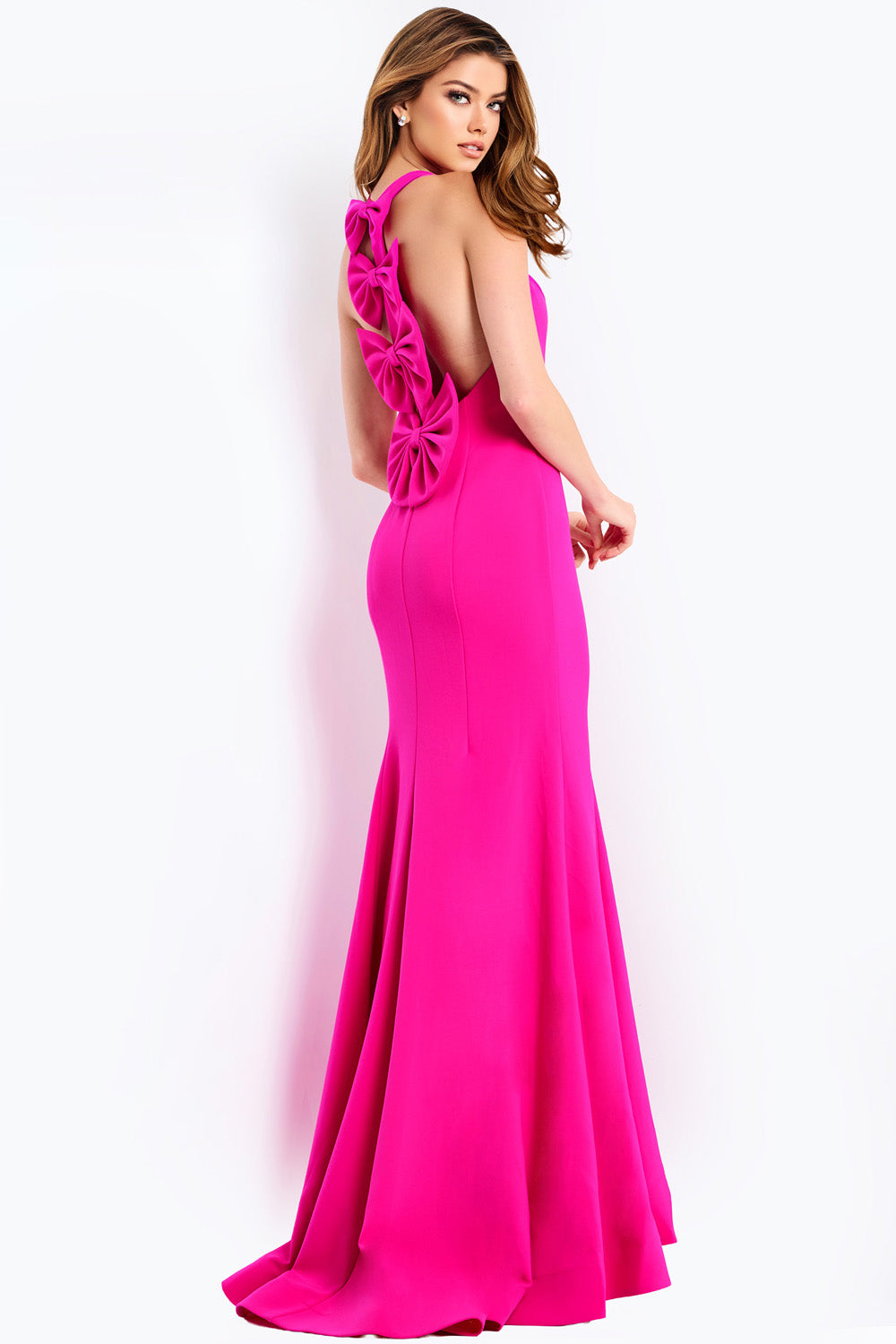 Jovani 47639 Fuchsia mermaid prom dress with a stunning lace-up back detail.